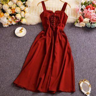 Wide Strap Lace-up Midi A-line Dress