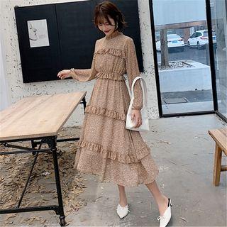 Long-sleeve Floral Print Frill Trim Midi Chiffon Dress