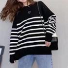Round Neck Stripe Heart Print Loose Fit Sweater