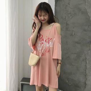 Elbow-sleeve Cold Shoulder Letter Dress