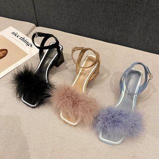 Block-heel Fluffy Sandals