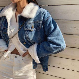 Contrast Faux-fur Denim Jacket Blue - One Size