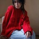 Long Sleeve Round Neck Plain Cable-knit Sweater Red - One Size
