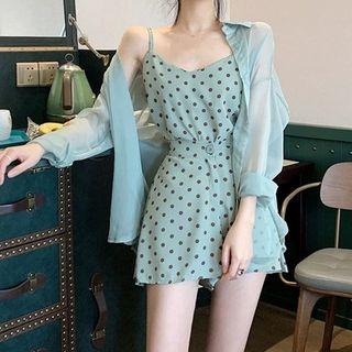 Set: Dotted Spaghetti Strap Top + Mini Skirt + Light Jacket