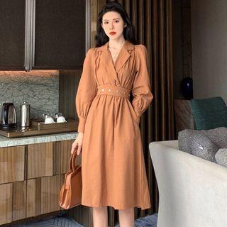 V-neck Lantern-sleeve Midi A-line Dress