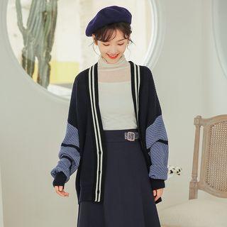 Contrast Sleeve Striped Cardigan Sapphire Blue - One Size