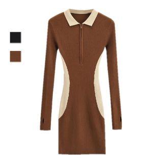 Long-sleeve Collared Half-zip Knit Bodycon Dress