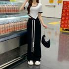 Short-sleeve Contrast Trim Cropped T-shirt / Drawstring Wide Leg Pants