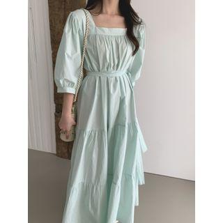 3/4-sleeve Square-neck Tiered Midi A-line Dress