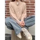 High-neck Ribbed Knit Cardigan Cardigan - Almond - One Size
