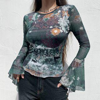 Bell-sleeve Printed Crop Top
