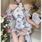 Short-sleeve Cold Shoulder Floral Mini Qipao Dress