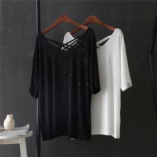 Sequined Strappy Short-sleeve Knit Top