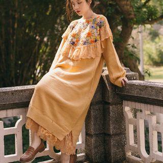 Lace Panel Flower Crochet Knit Midi Dress Orange Yellow - One Size