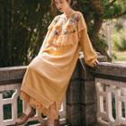 Lace Panel Flower Crochet Knit Midi Dress Orange Yellow - One Size