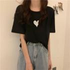 Round Neck Reflective Heart Print Short Sleeve T-shirt