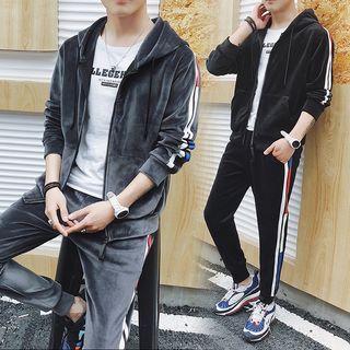 Set: Hooded Contrast-trim Zip Jacket + Sweatpants