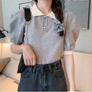 Two Tone Puff-sleeve Short Sleeve  Polo Shirt