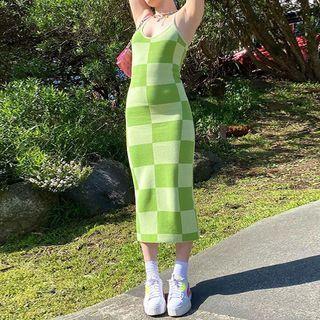 Spaghetti Strap Checkerboard Midi Bodycon Dress