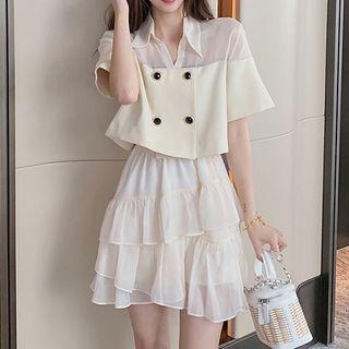 Set: Sheer Panel Short-sleeve Shirt + Tiered A-line Skirt