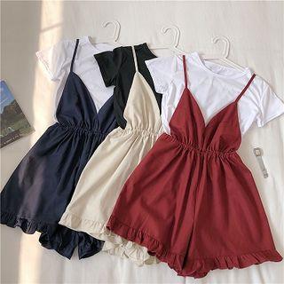 Set:plain Short-sleeve Top + V-neck Sleeveless Shorts