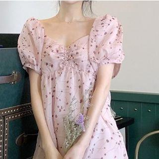 Square-neck Puff-sleeve Chiffon Dress