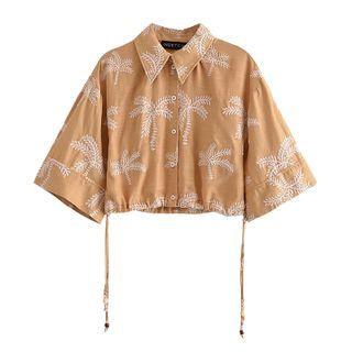 Elbow-sleeve Tree Embroidered Cropped Blouse