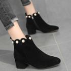 Faux Pearl Accent Block Heel Ankle Boots