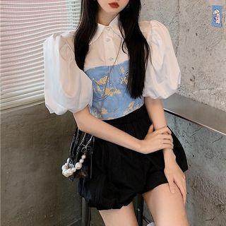 Plain Puff-sleeve Shirt / Printed Camisole Top / Wide-leg Shorts