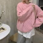 Long-sleeve Plain Cable Knit Sweater Pink - One Size