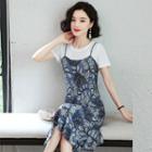 Mock Two-piece Short-sleeve Leaf Print Midi Dress / Undershorts