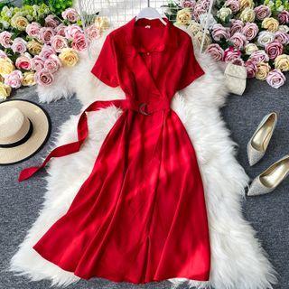 Plain Belted Short-sleeve Midi Dress