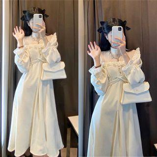 Long-sleeve Mock Neck Ruffle Plain Dress As Shown In Figure - One Size