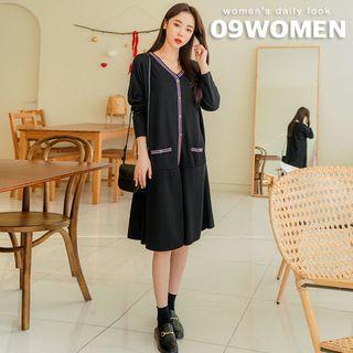 Plus Size Contrast-trim Metal-button Midi Knit Dress