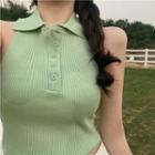 Halter-neck Collared Ribbed Knit Top