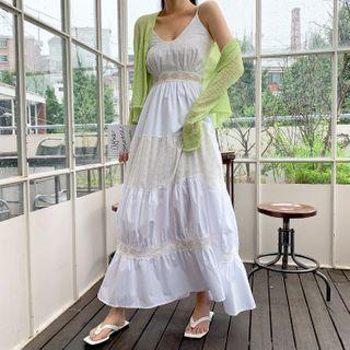Lace-panel Maxi Tiered Sundress Ivory - One Size