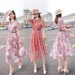 Cold Shoulder Flutter Sleeve Floral Midi Dress