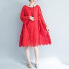 Long-sleeve Lace Dress Red - One Size