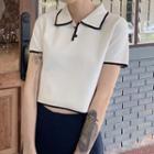 Short-sleeve Contrast Trim Cropped Knit Top White - One Size