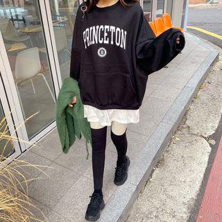 Set: Letter Layered-hem Pullover + Ribbed-panel Leggings