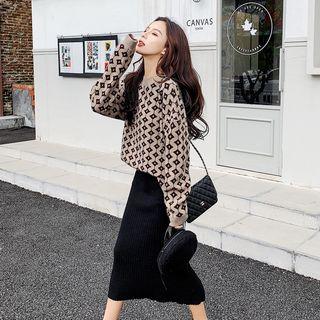 Patterned Sweater / Midi Rib Knit Skirt