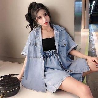 Set: Elbow-sleeve Denim Shirt + Wide-leg Shorts
