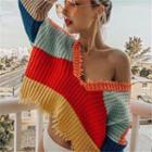V-neck Distressed Color-block Crop Sweater Rainbow - One Size