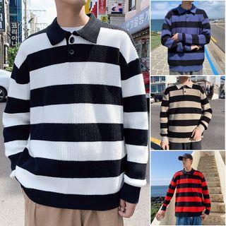 Polo Collar Wide-stripe Knit Top