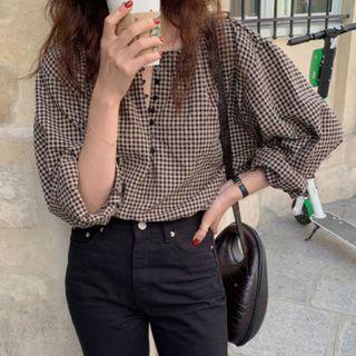 Puff-sleeve Plaid Button Blouse