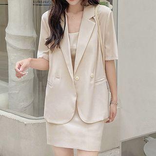 Set: Short-sleeve Double-breasted Blazer + Spaghetti Strap Dress