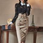 Set: Long-sleeve Paneled Lace Blouse + Double-breasted Pencil Skirt