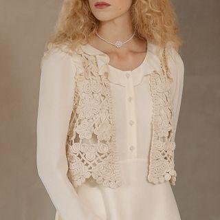 Crochet Knit Vest Beige - One Size
