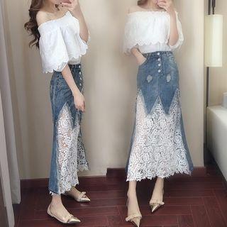 Set: Elbow-sleeve Lace Top + A-line Midi Denim Skirt