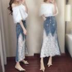 Set: Elbow-sleeve Lace Top + A-line Midi Denim Skirt